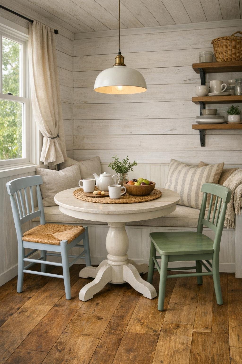 Small cottage-style dining area with a round table and window light