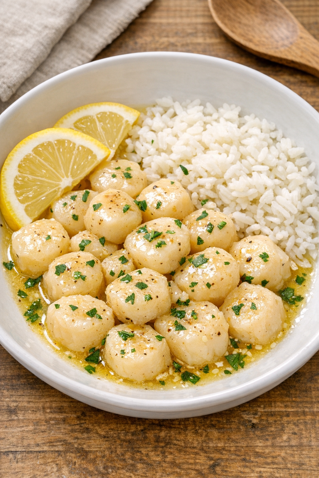 Finished imitation scallops in butter sauce