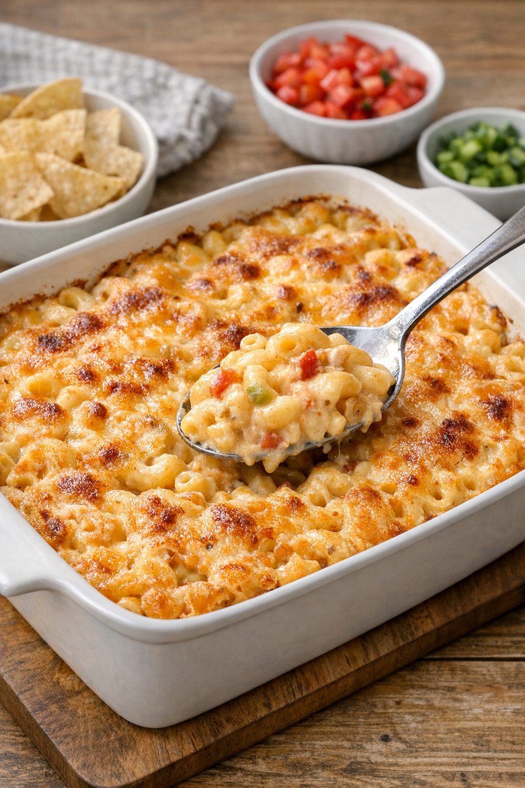 Finished baked salsa con queso macaroni in a casserole dish
