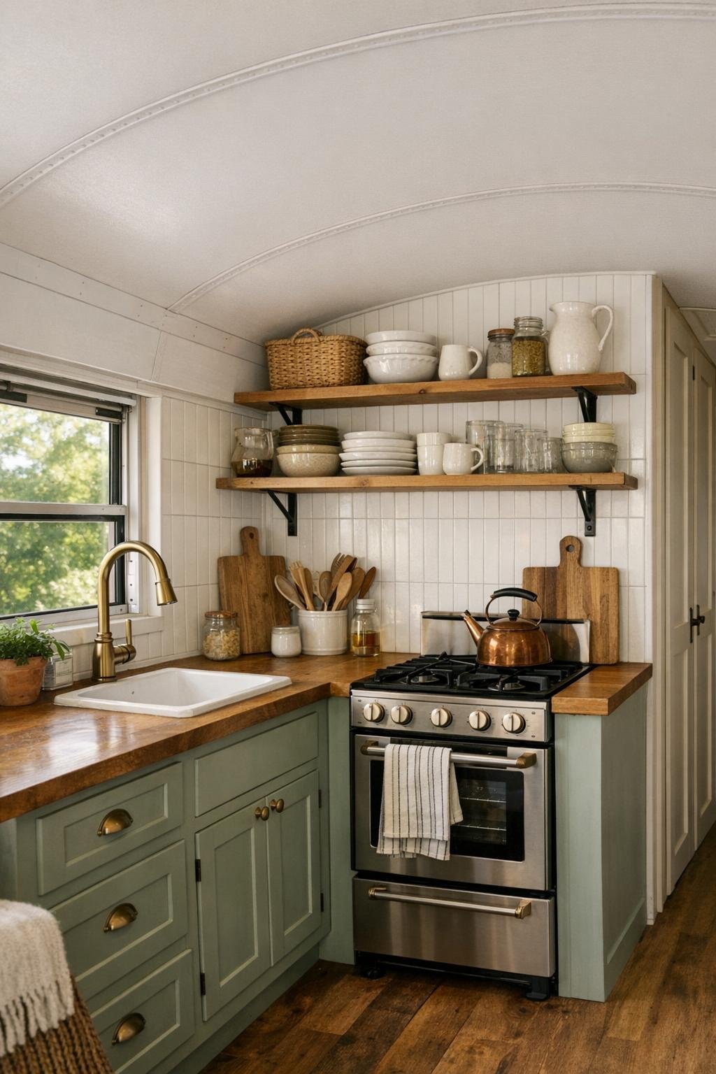 Small bus kitchen with cream cabinetry, wood counters, and open shelving