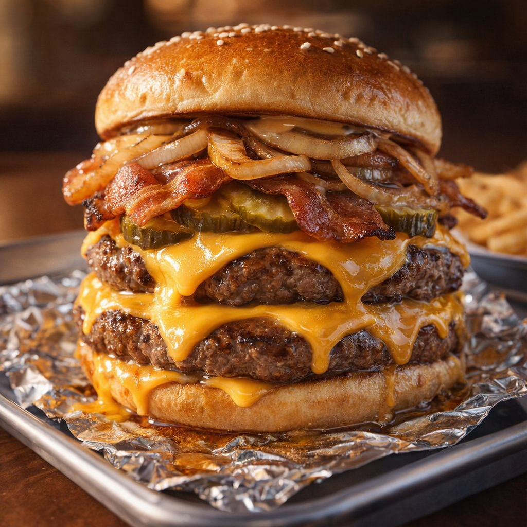 Loaded burger with multiple toppings and melted cheese
