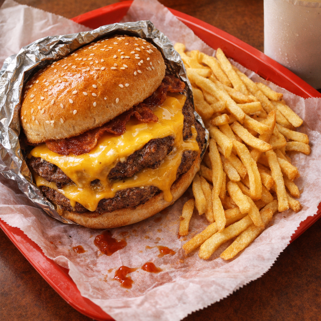 Fast food cheeseburger and fries on a tray
