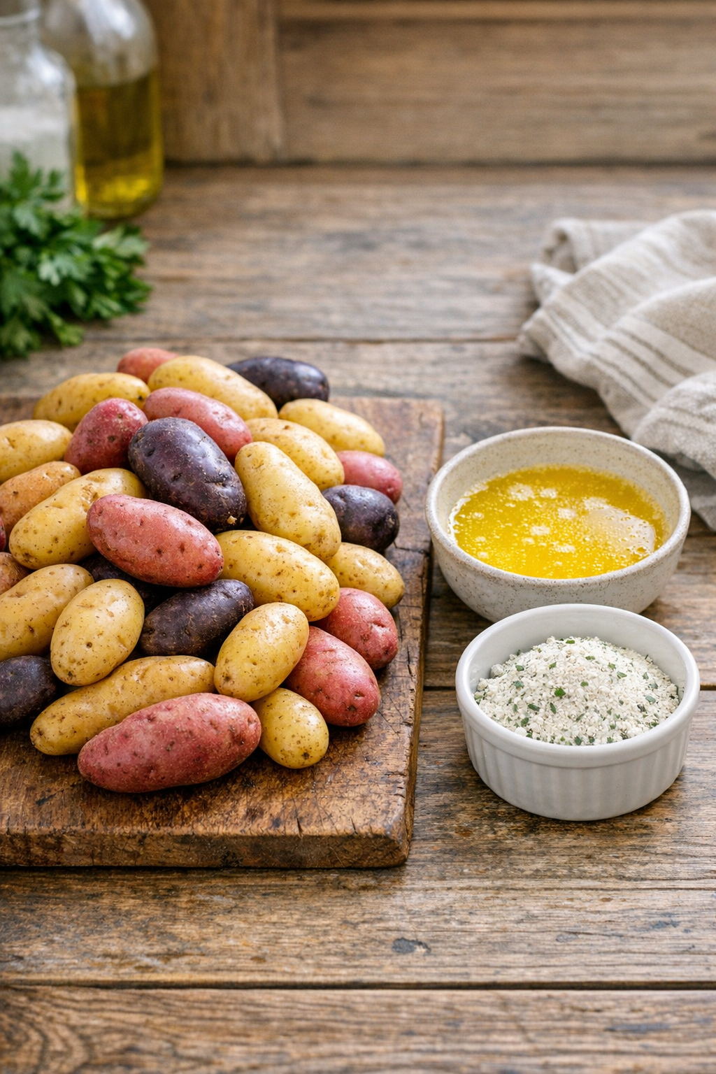 Fingerling potatoes, melted butter, and ranch seasoning