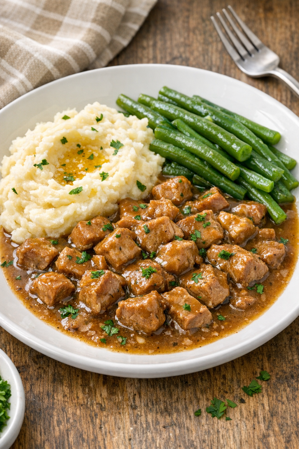 Finished vintage diced pork served on a plate