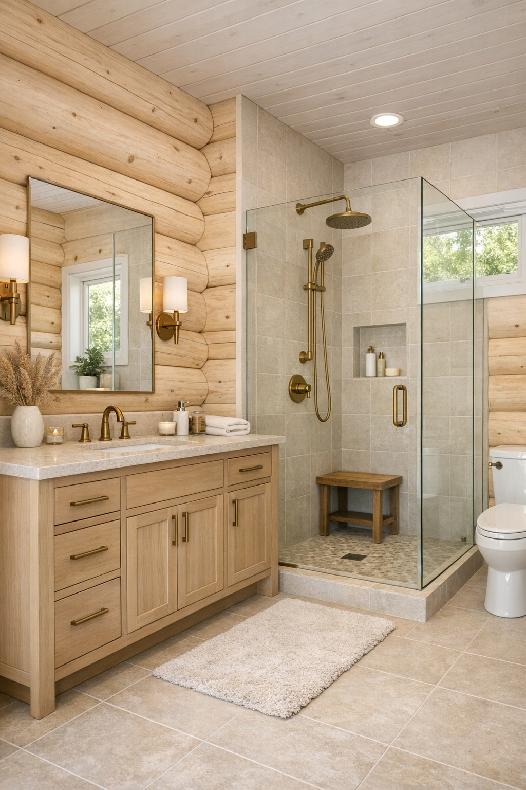 Elegant bathroom with pale wood and log elements, stone surfaces, glass shower, and warm metal fixtures