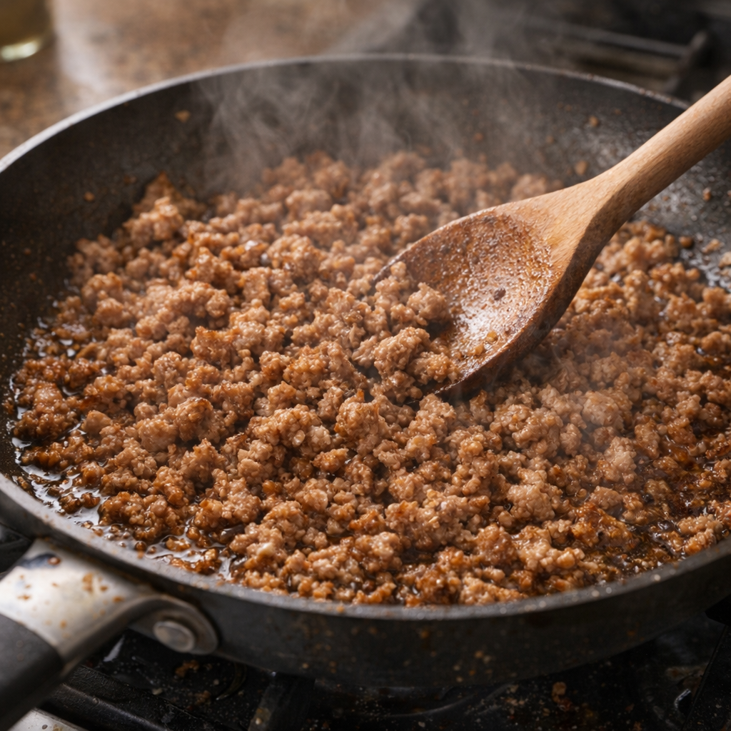 Ground pork browning in a skillet