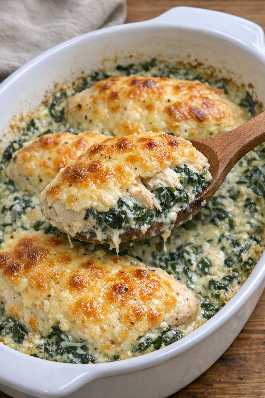Golden baked chicken Florentine casserole in a white dish