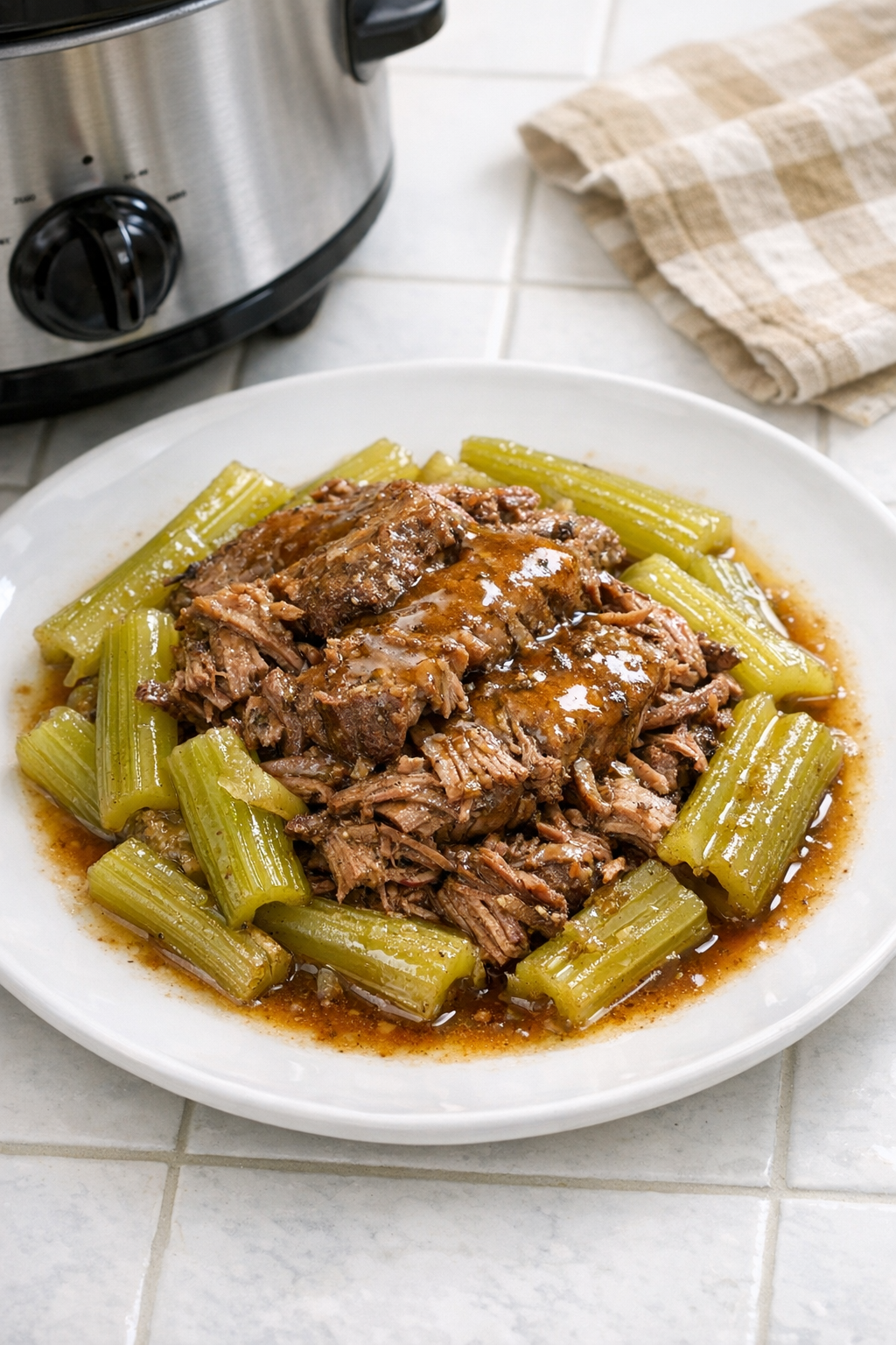 Finished Amish celery beef plated with celery and cooking juices