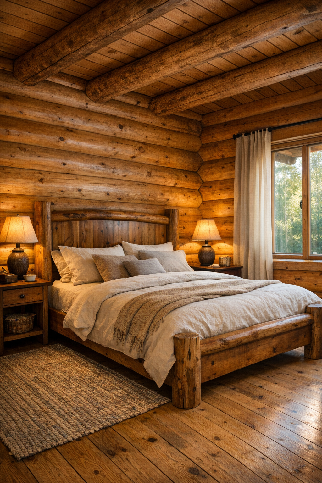 Cozy cedar log bedroom with simple wood bed, soft neutral bedding, and warm reading lamps