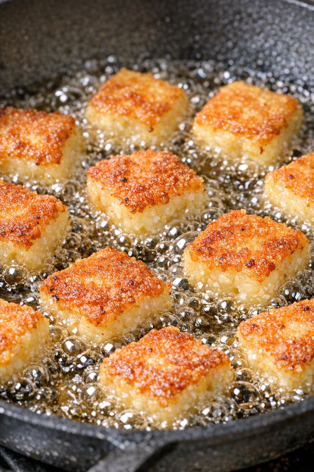 Cheesy grit bites frying until golden