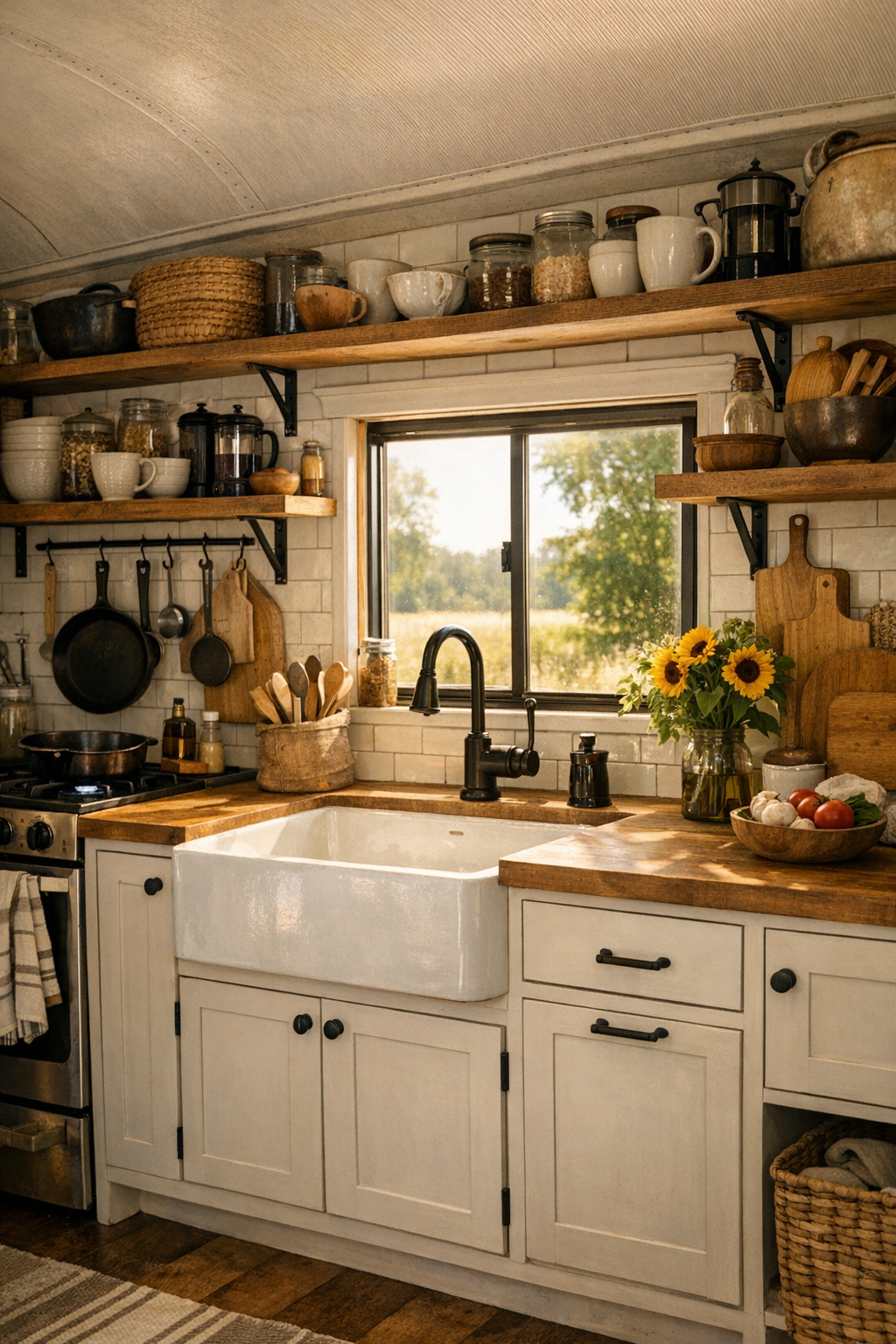 Warm converted bus kitchen with butcher-block counters, open shelving, and a farmhouse sink