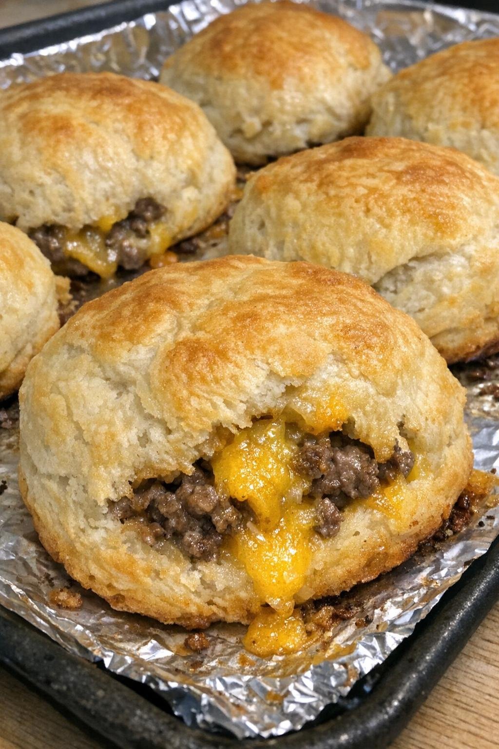 Oven baked beef stuffed biscuits on a foil-lined baking sheet