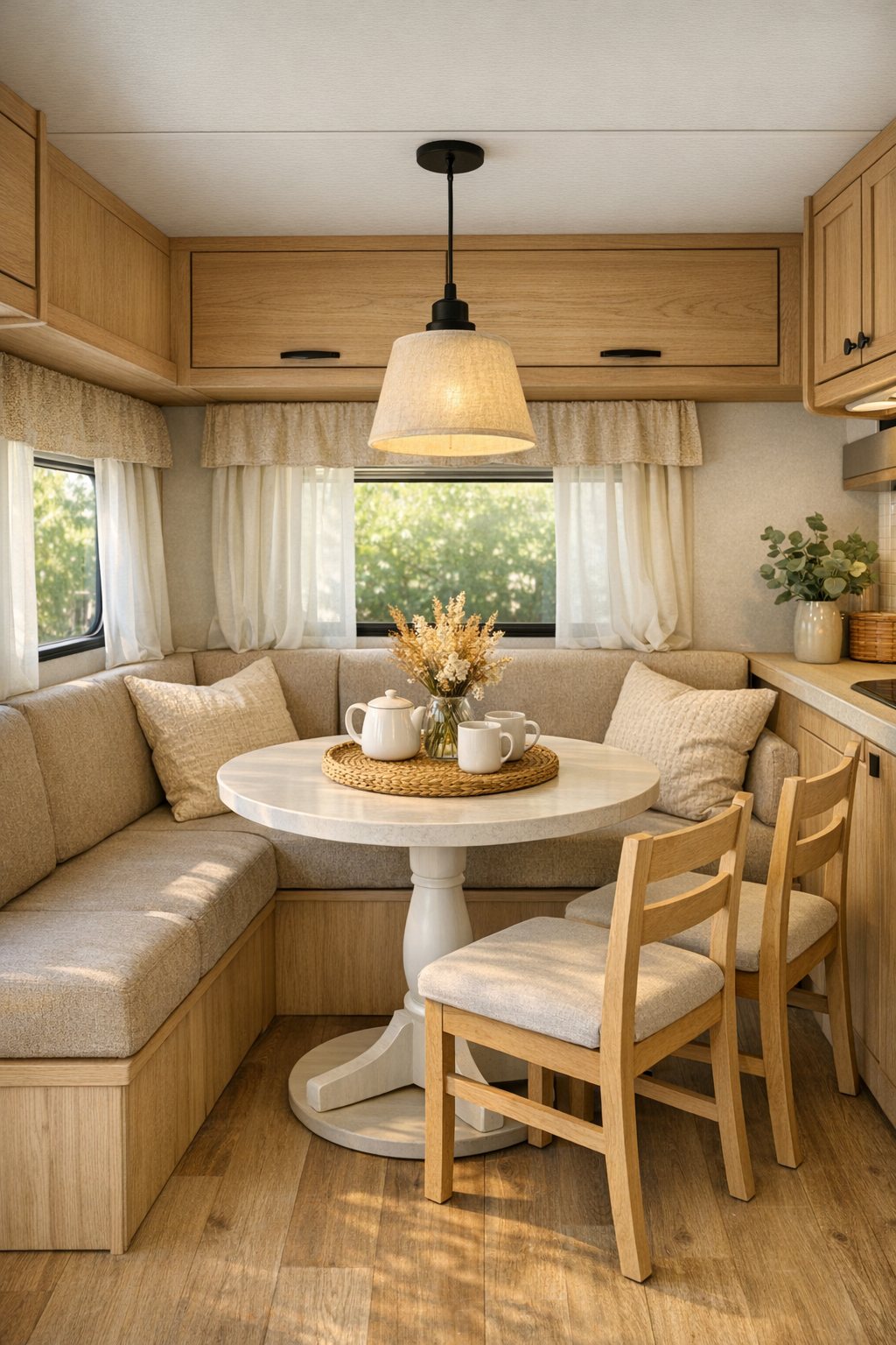 Cozy RV dining nook with pedestal table, bench seating, and soft pendant light