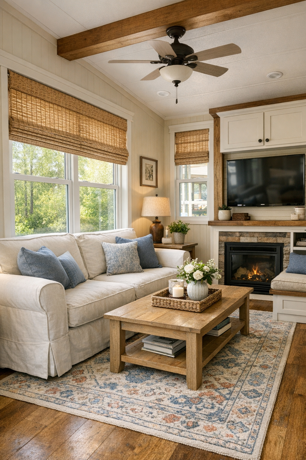 Bright cottage-style living room with a slipcovered sofa, light wood accents, and soft layered textiles