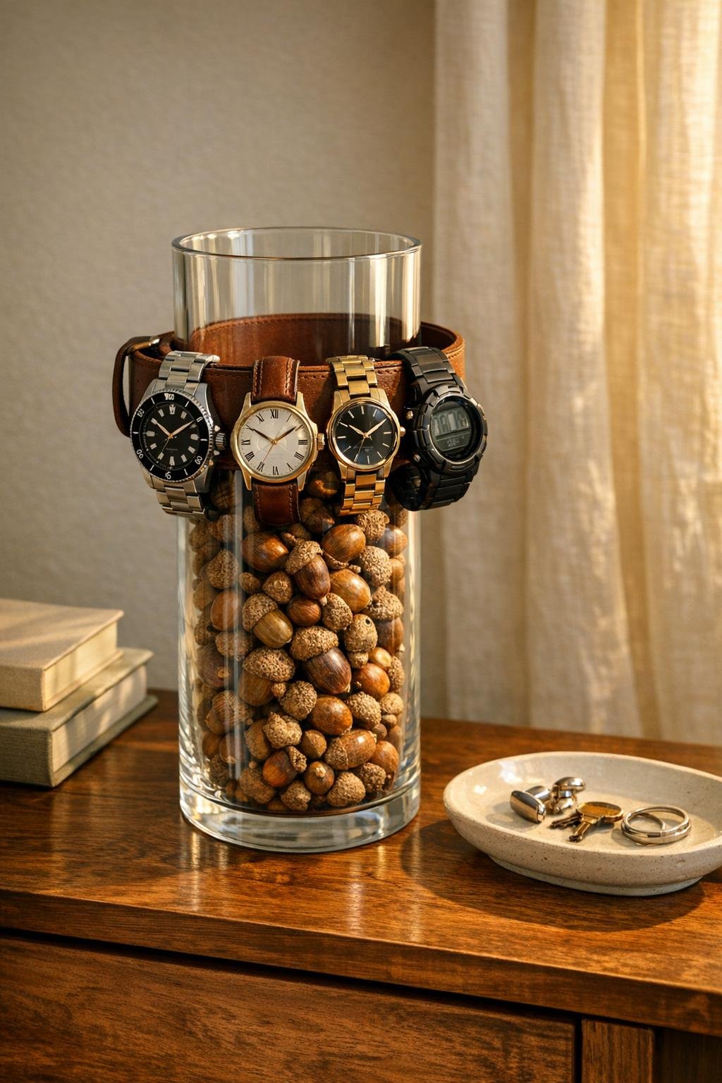 Finished leather belt and glass vase bedroom watch stand