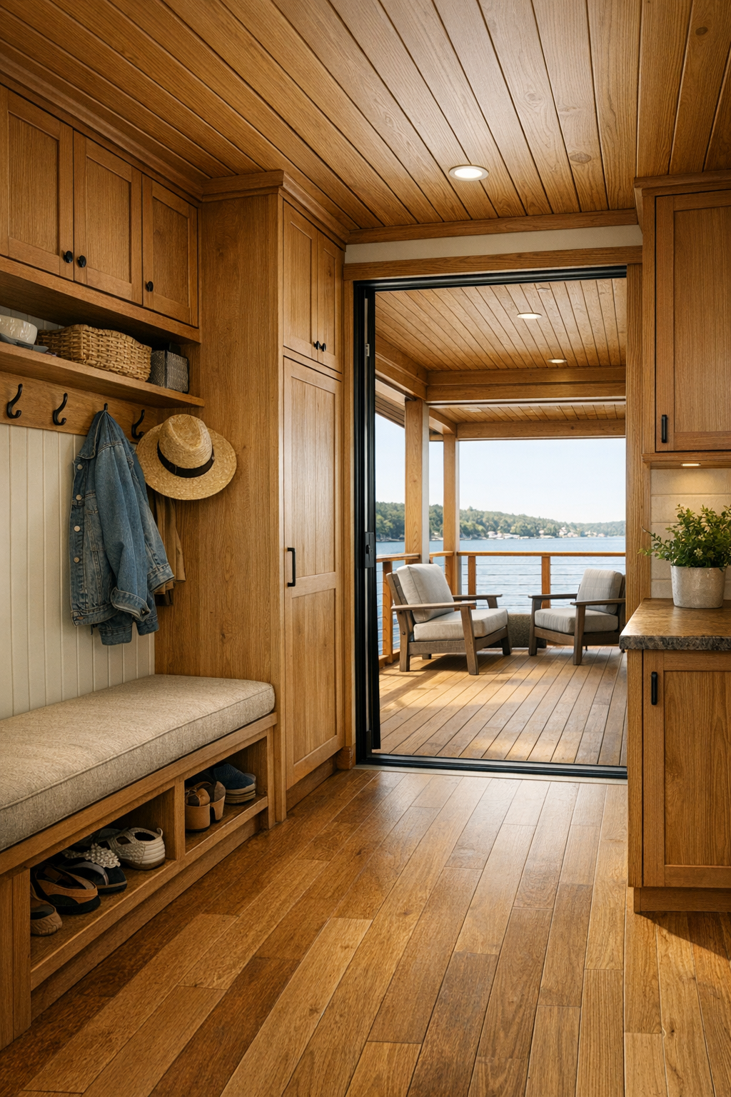 Built-in entry and covered rear deck with accessible transitions and warm Craftsman detailing