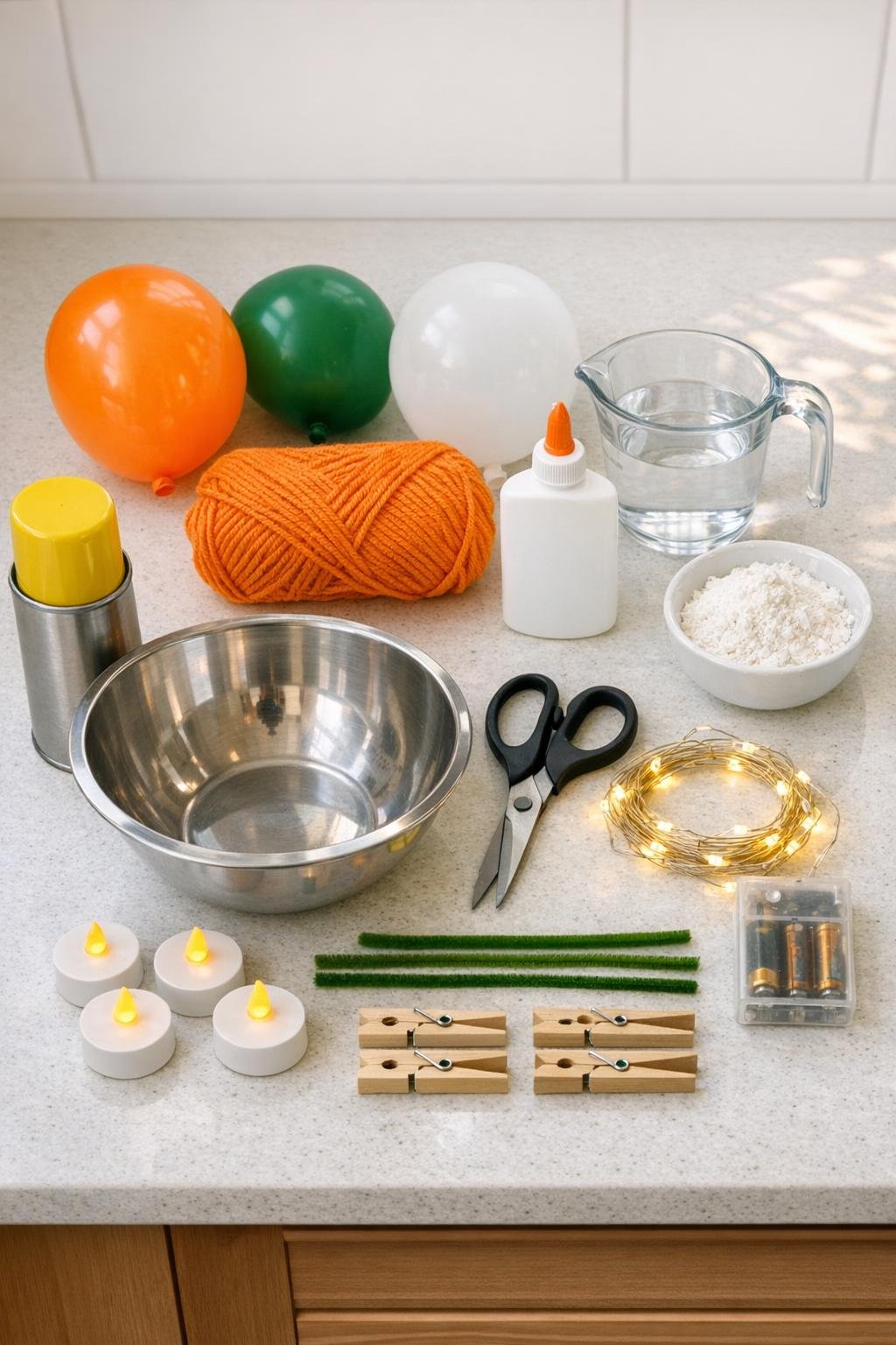 Materials for string pumpkin lanterns laid out on a counter