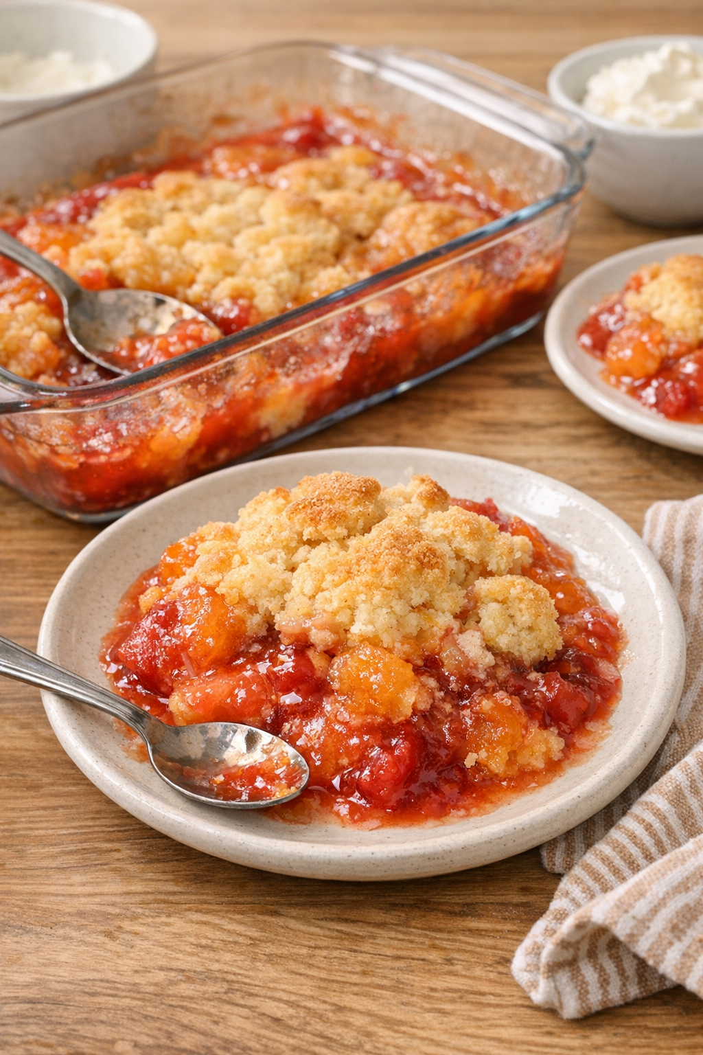 Baked fruity dessert in a glass baking dish