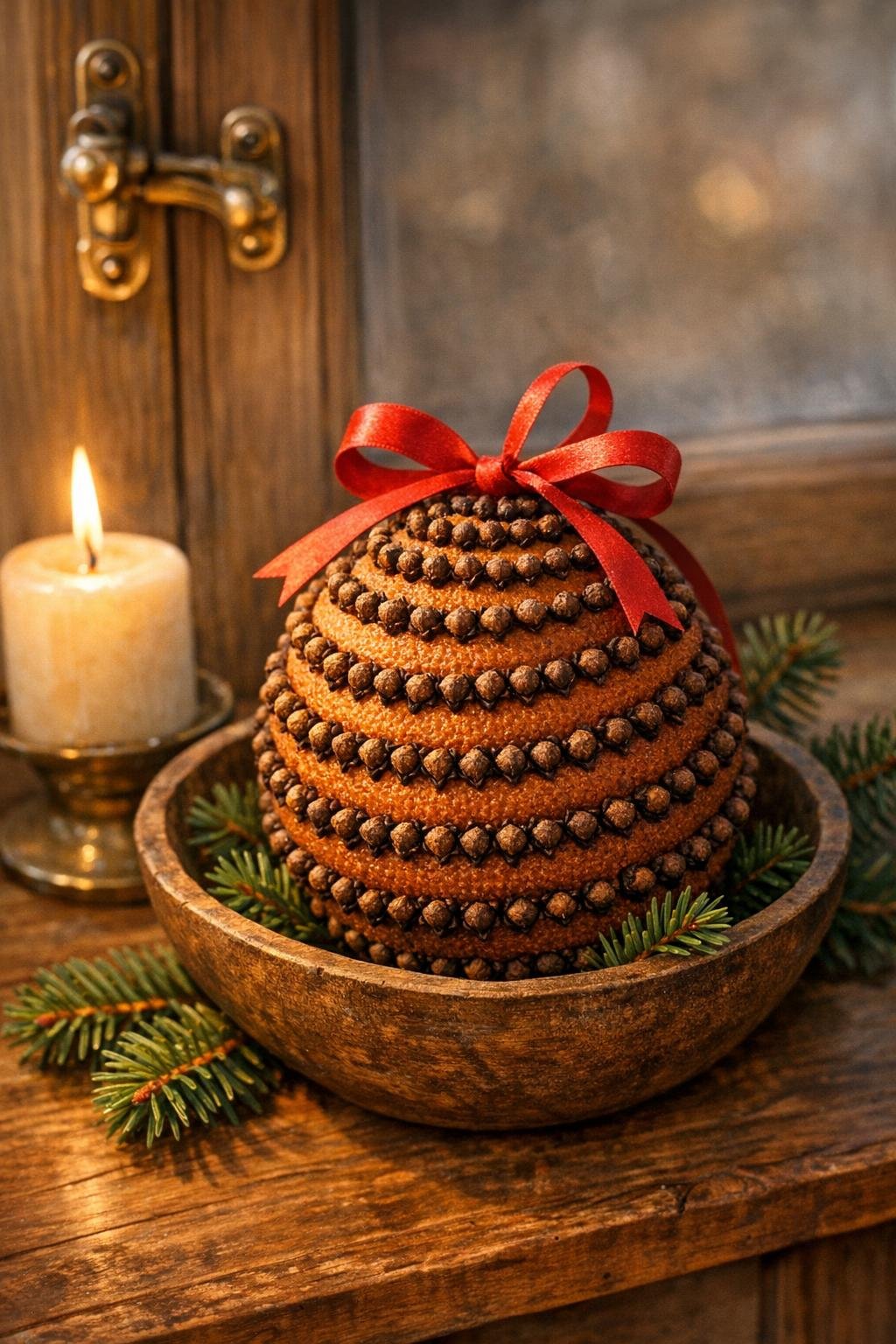 Finished clove orange pomander tied with ribbon and displayed indoors