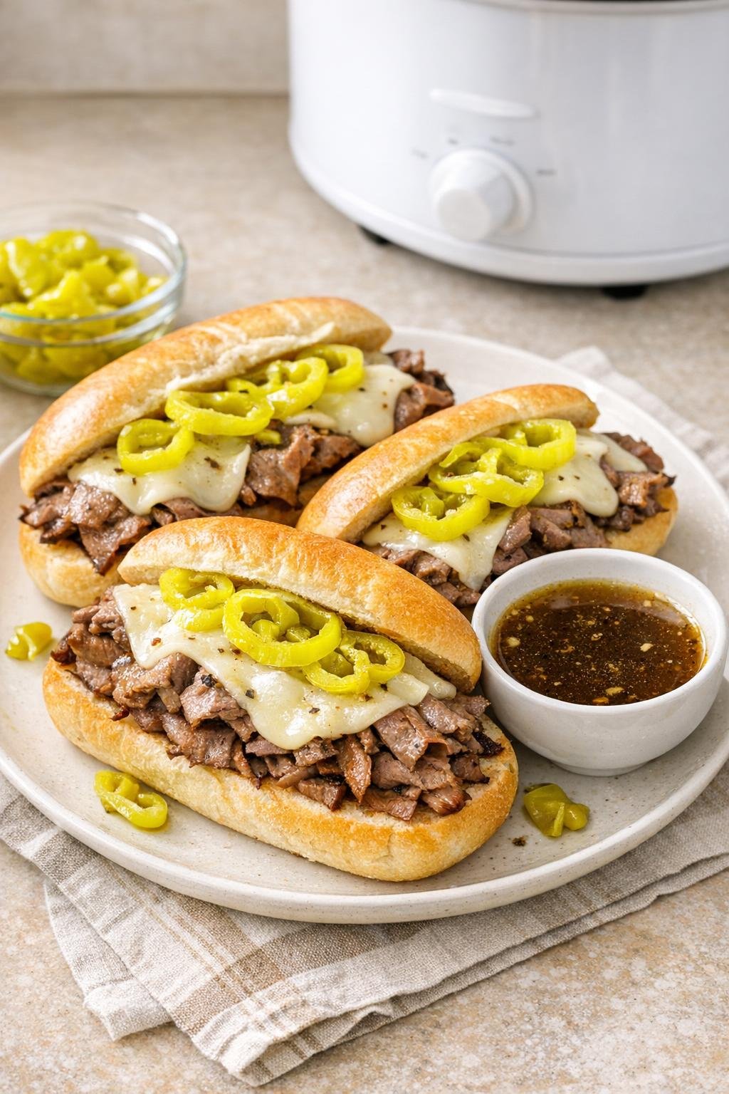 Finished Italian beef sandwiches on hoagie rolls with pepperoncini