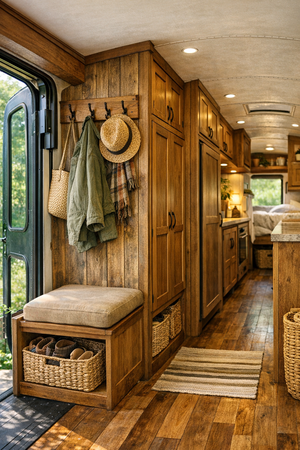 Bus entry and corridor with built-in storage, hooks, and warm rustic finishes