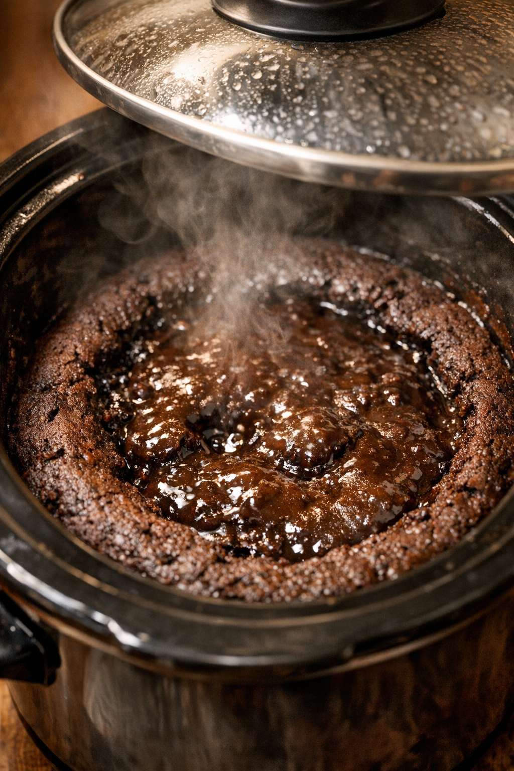 Partially cooked chocolate pudding cake in the slow cooker