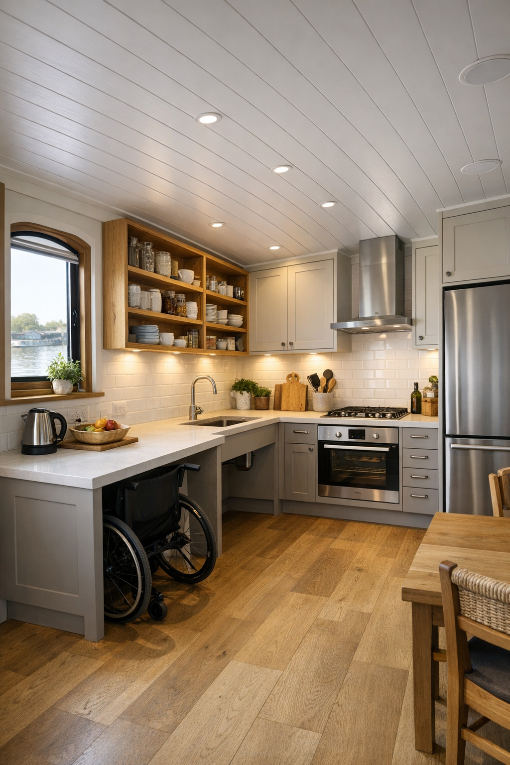 Thoughtfully designed accessible kitchen on a Dutch barge with painted cabinetry, pale counters, and warm oak accents