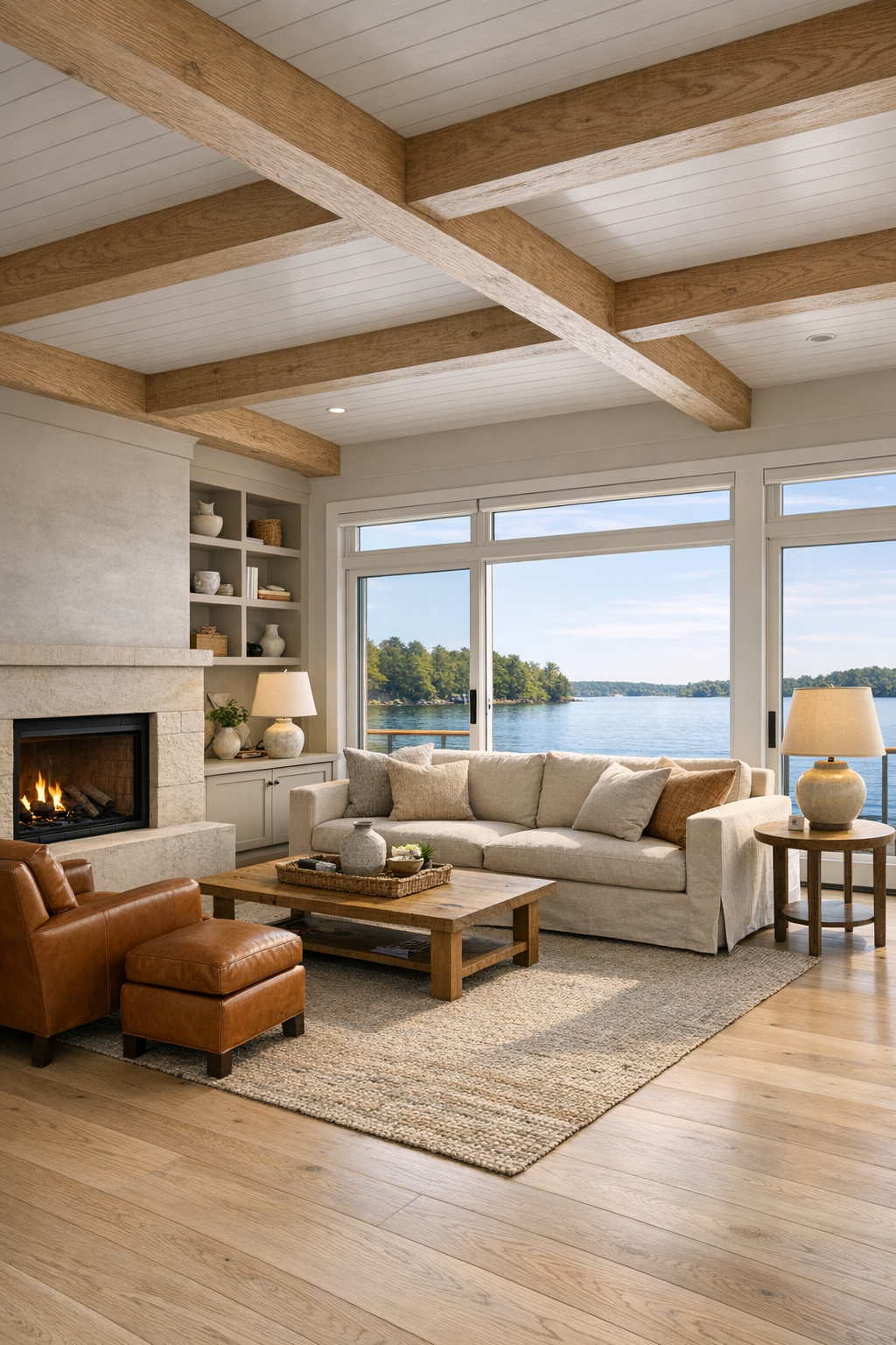 Accessible ranch-style houseboat living room with wide layout, pale oak floors, flax sofa, and lake-facing windows