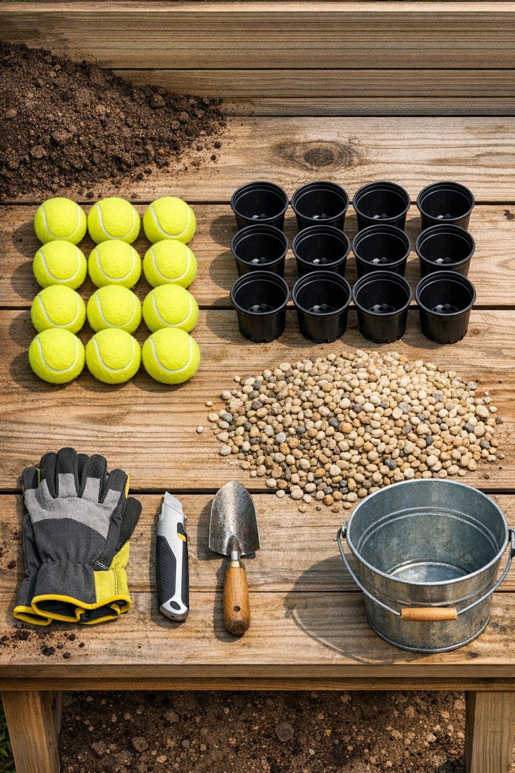 Garden drainage materials laid out on a potting bench
