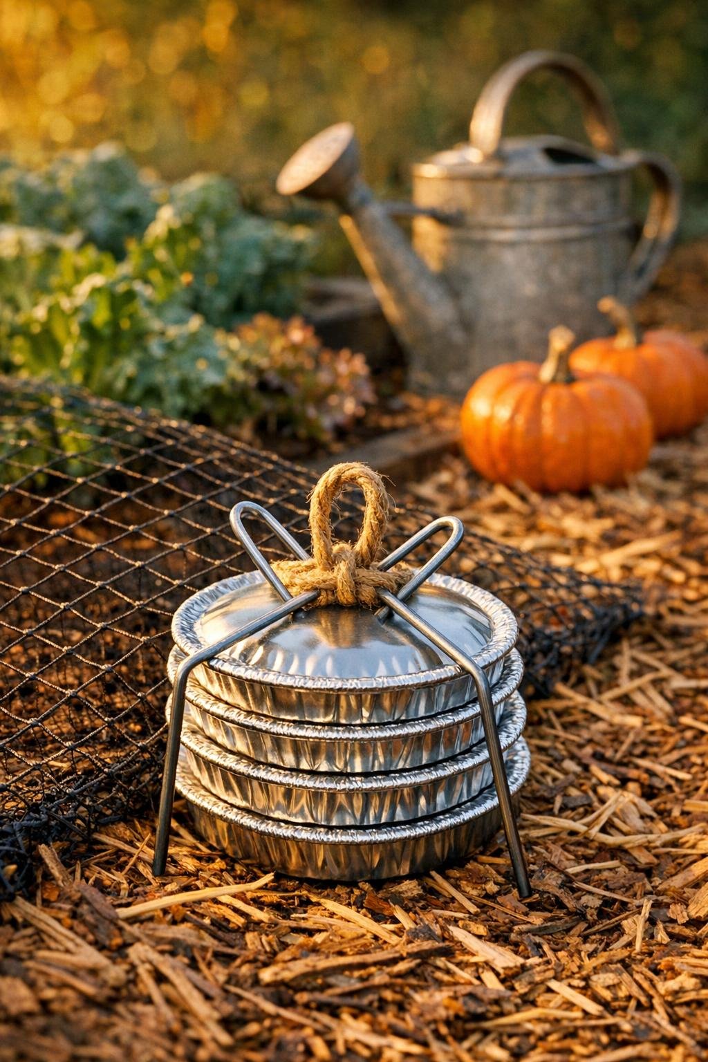 Completed bird netting anchors made from aluminum pie tins in a fall garden bed