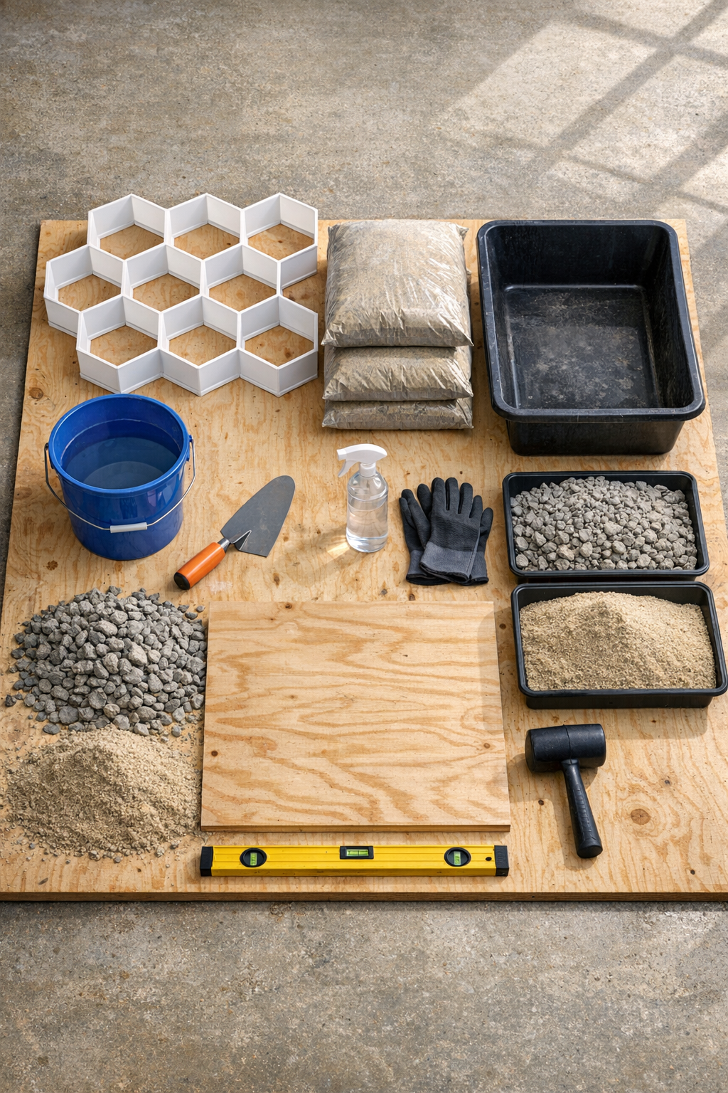 Materials for making a geometric concrete patio border laid out on a worktable