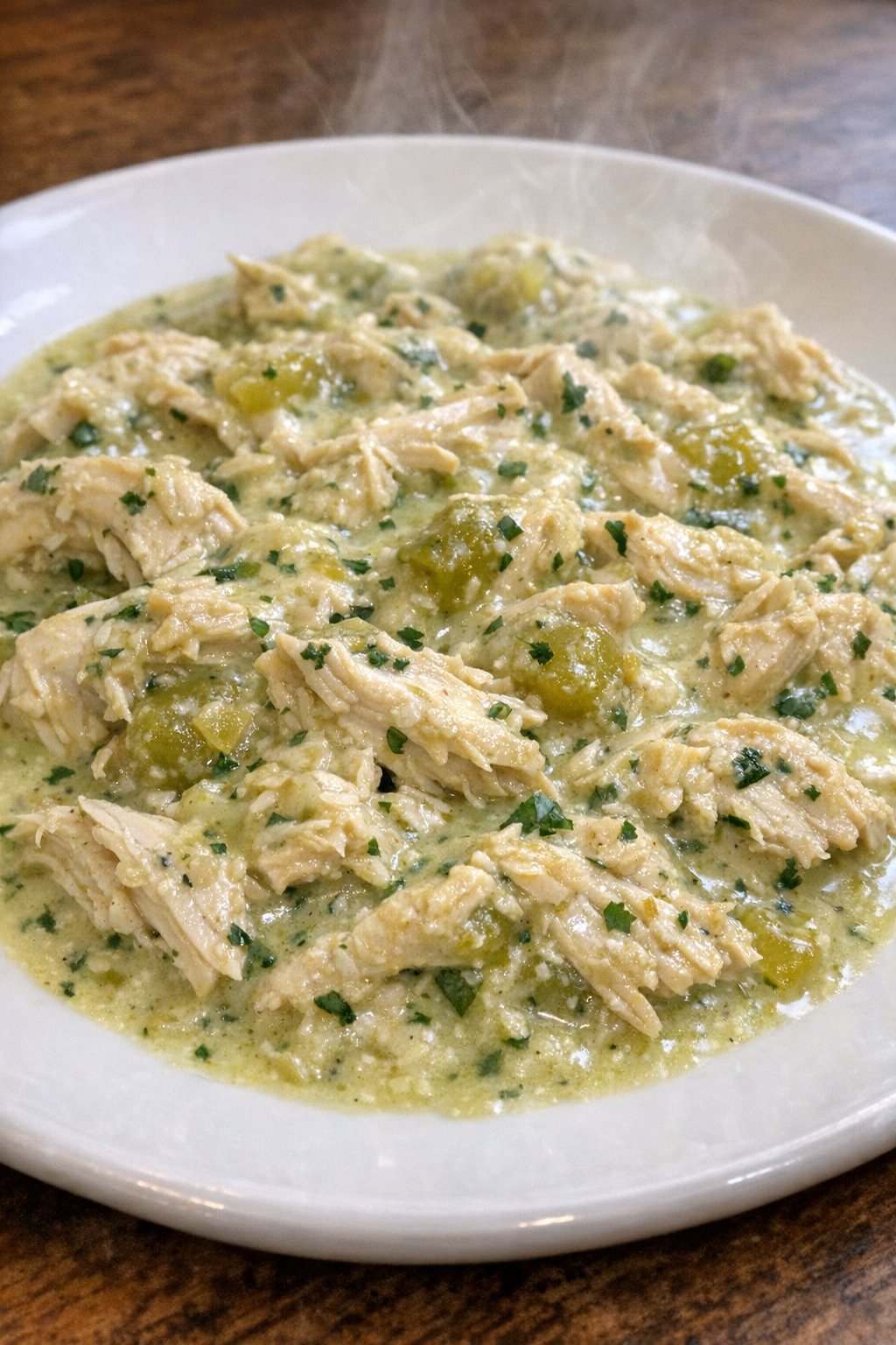 4-ingredient creamy salsa verde chicken plated and ready to serve