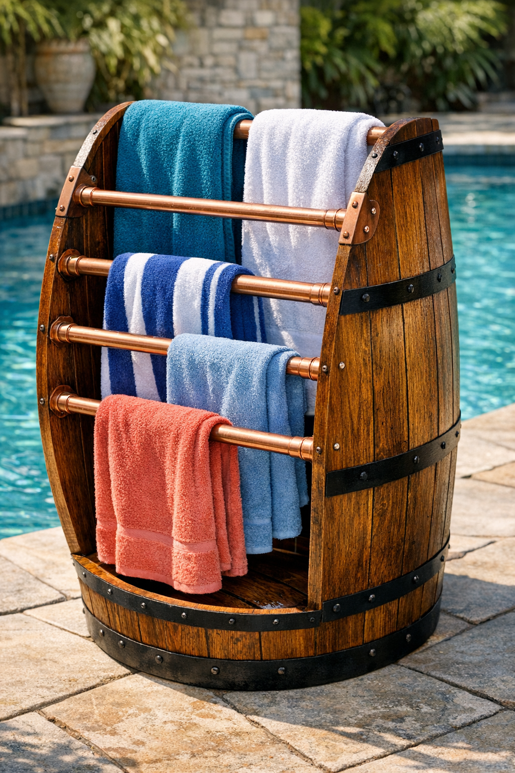 Finished poolside towel valet made from a wine barrel half and copper pipes
