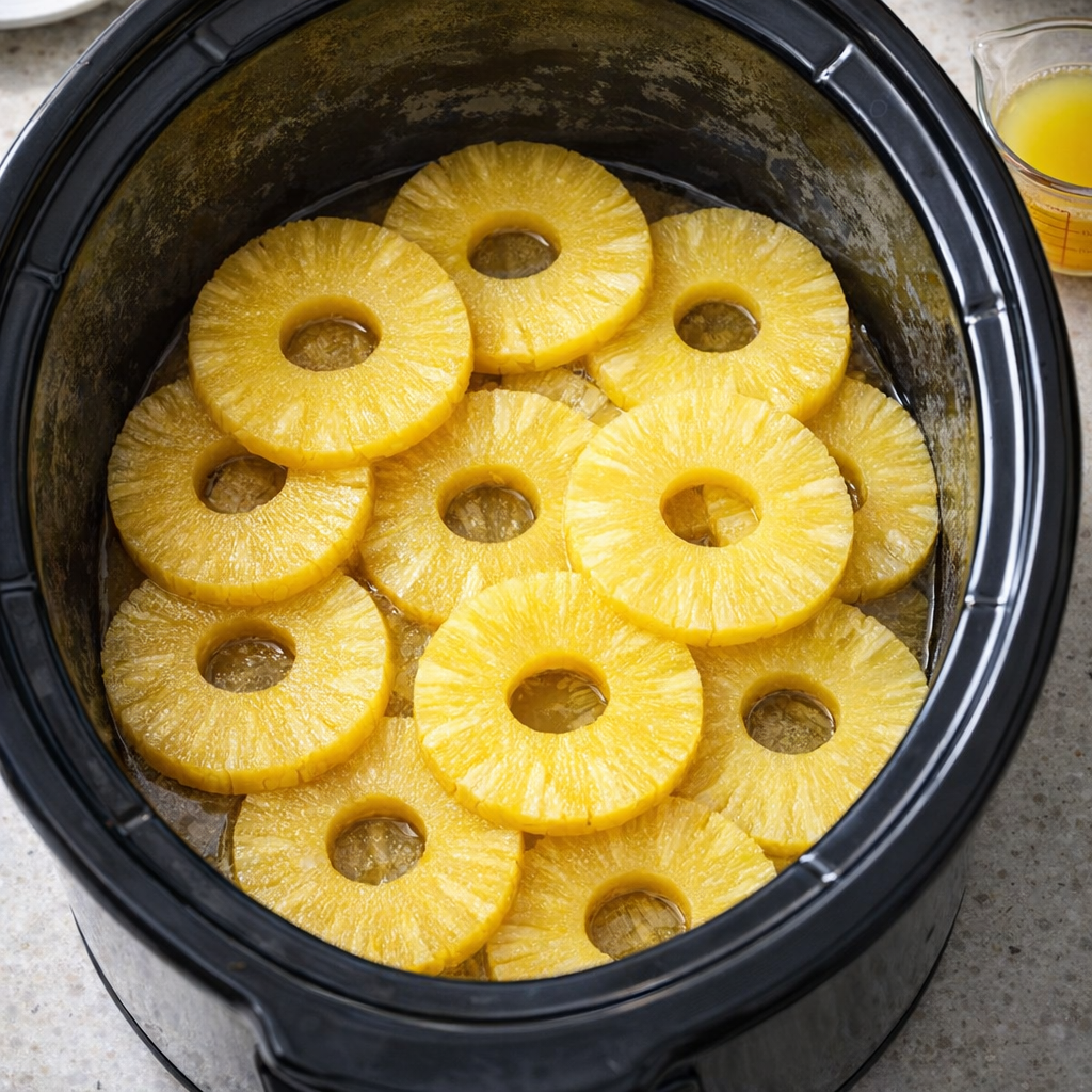 Pineapple rings layered in the bottom of a slow cooker