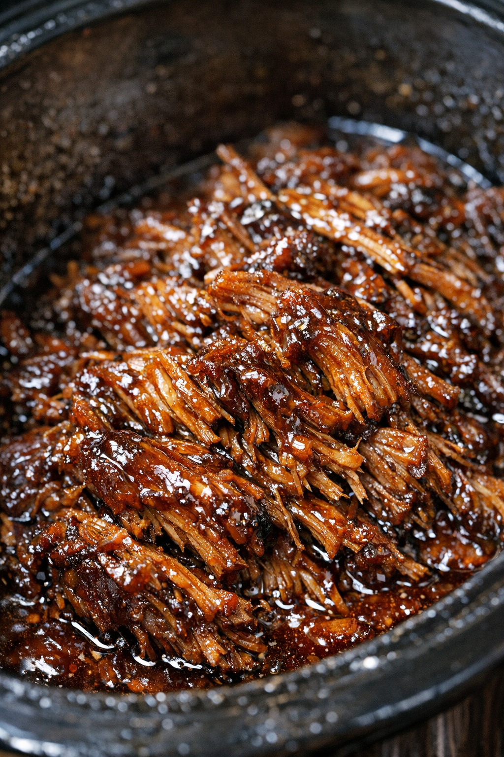 Slow cooker comfort dish glazed with dark amber sauce