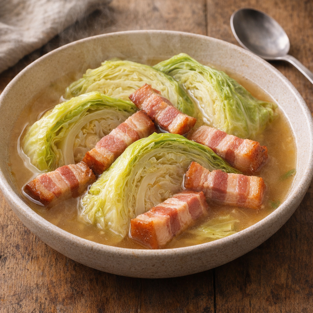 Slow cooker bacon and cabbage served in a shallow bowl