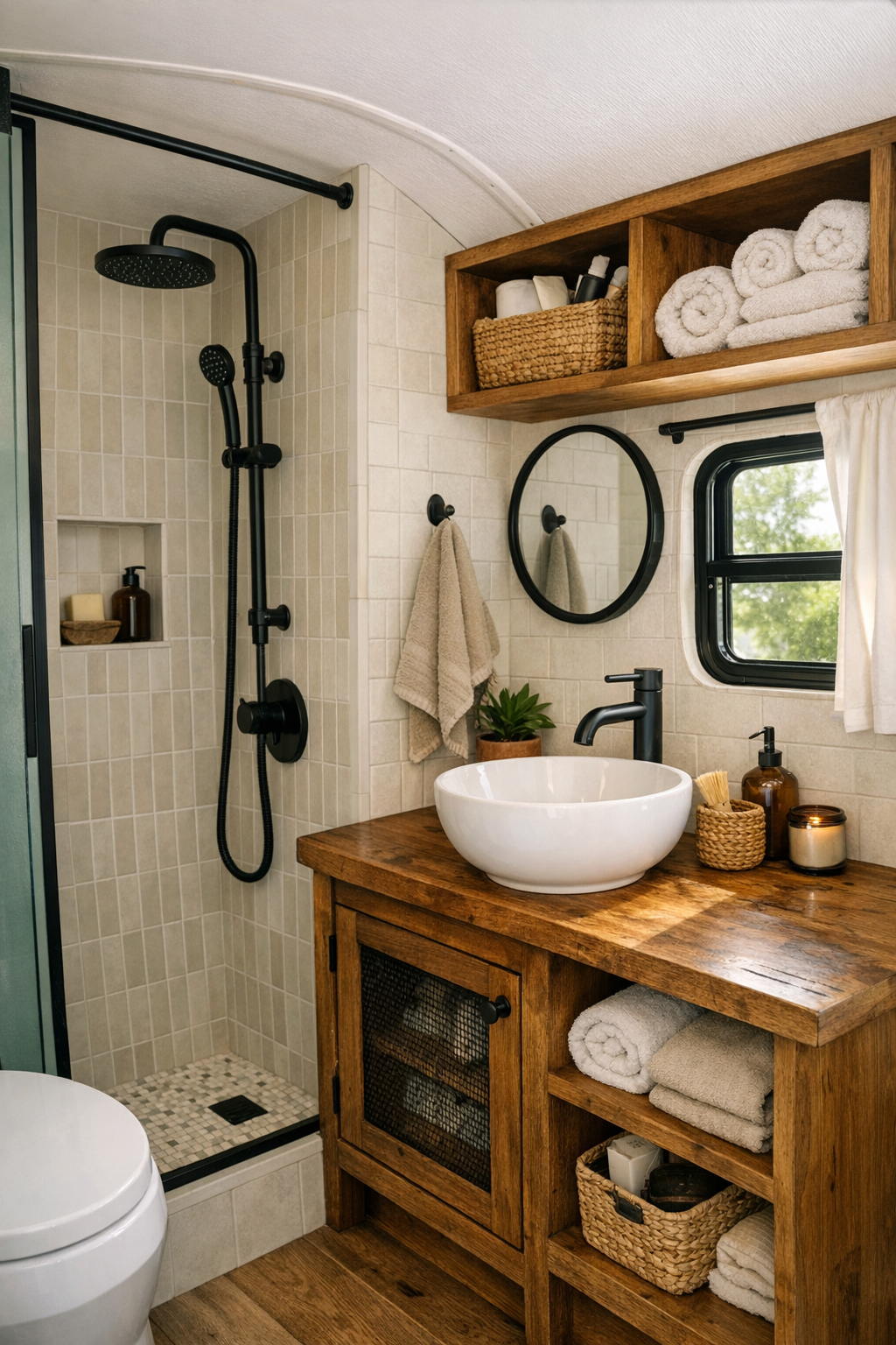 Compact rustic bus bathroom with tiled shower and wood vanity