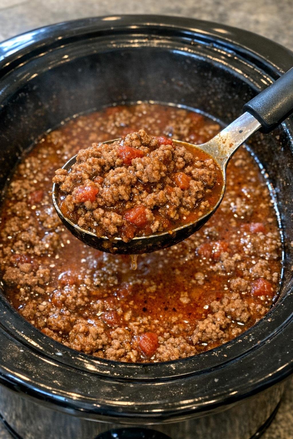 Ground beef in rich red broth in a slow cooker