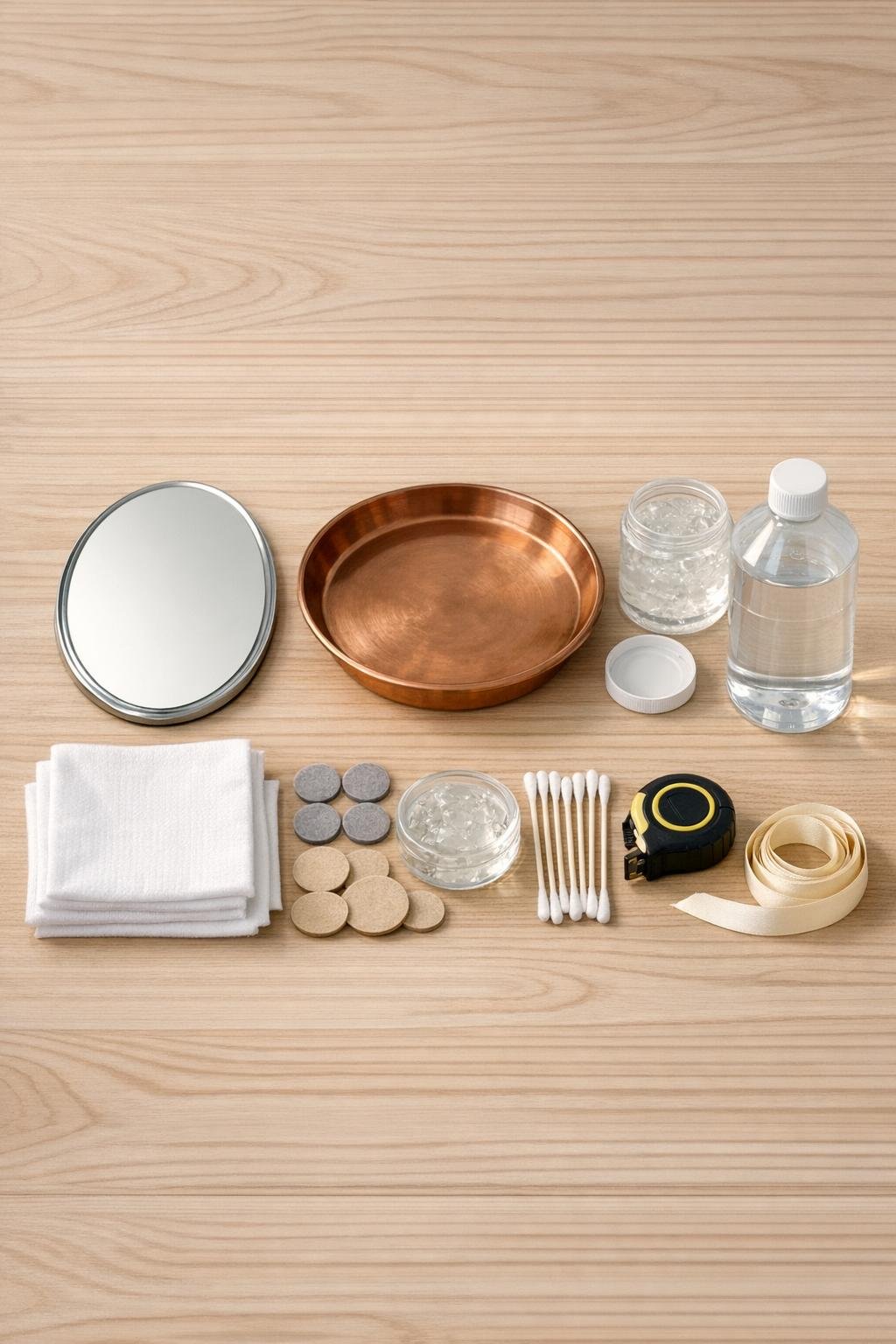 Materials laid out for a mirrored copper bedroom tray