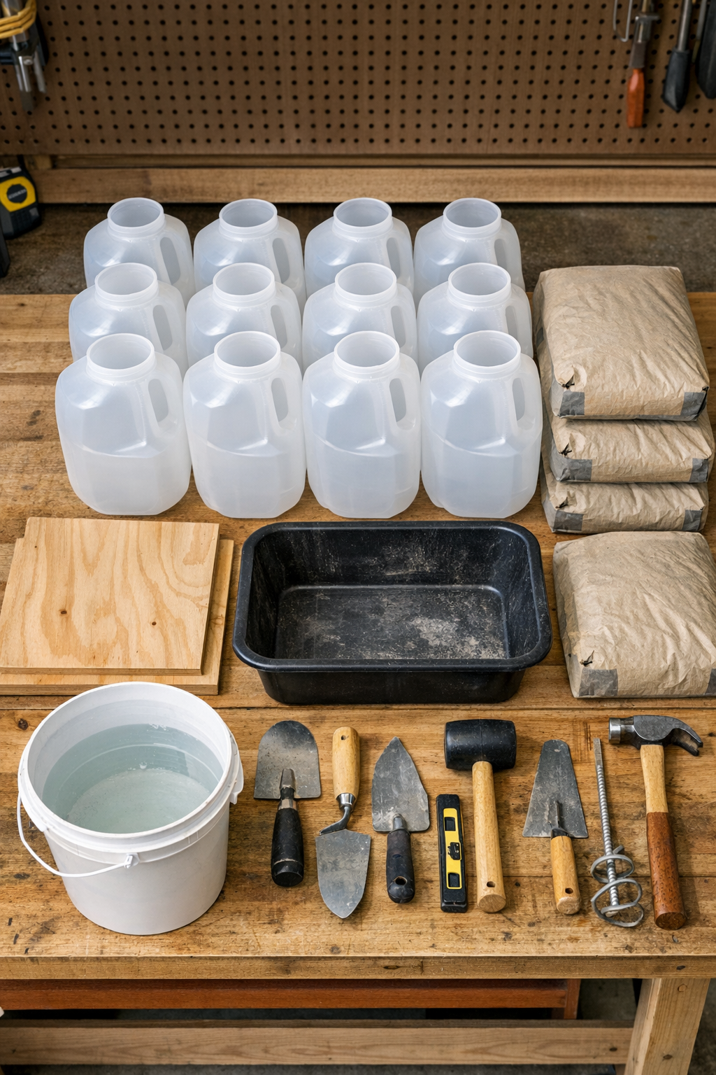 Milk jugs, cement, and boards laid out for the project