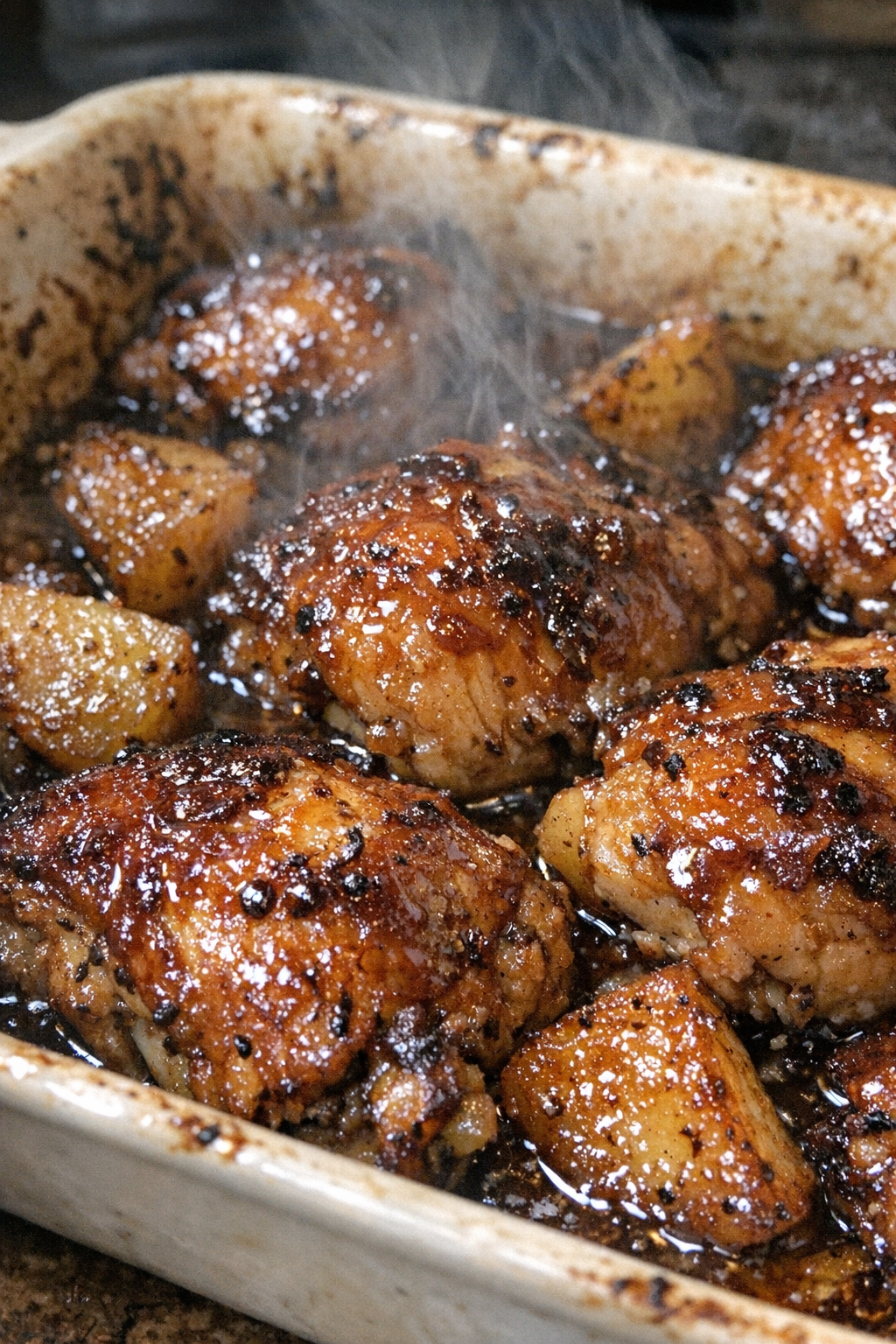 Heavily glazed baked dinner in a ceramic baking dish