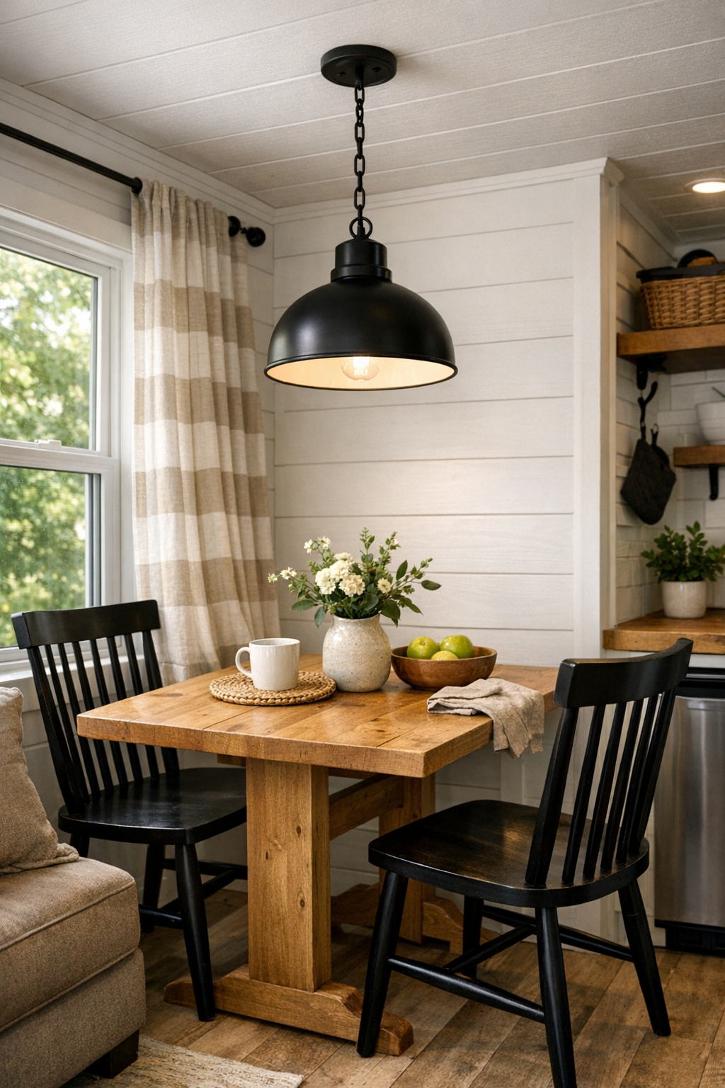 Cozy farmhouse dining nook with a simple wood table, painted chairs, and soft window light