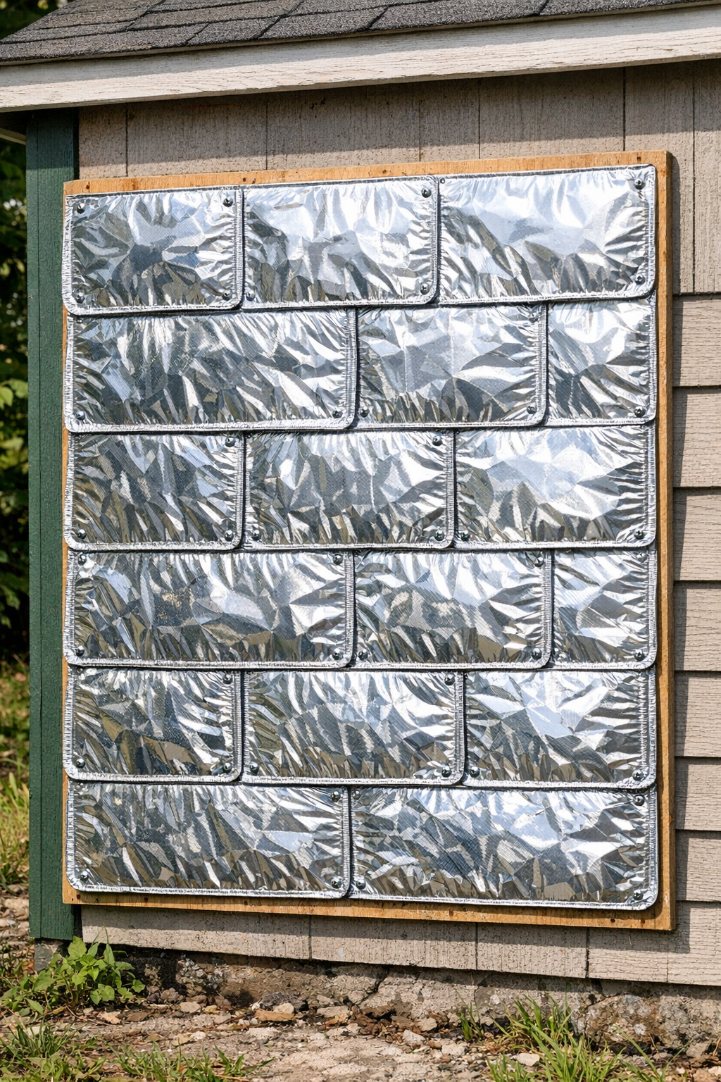 Finished heat-reflective siding panel made from aluminum BBQ pans