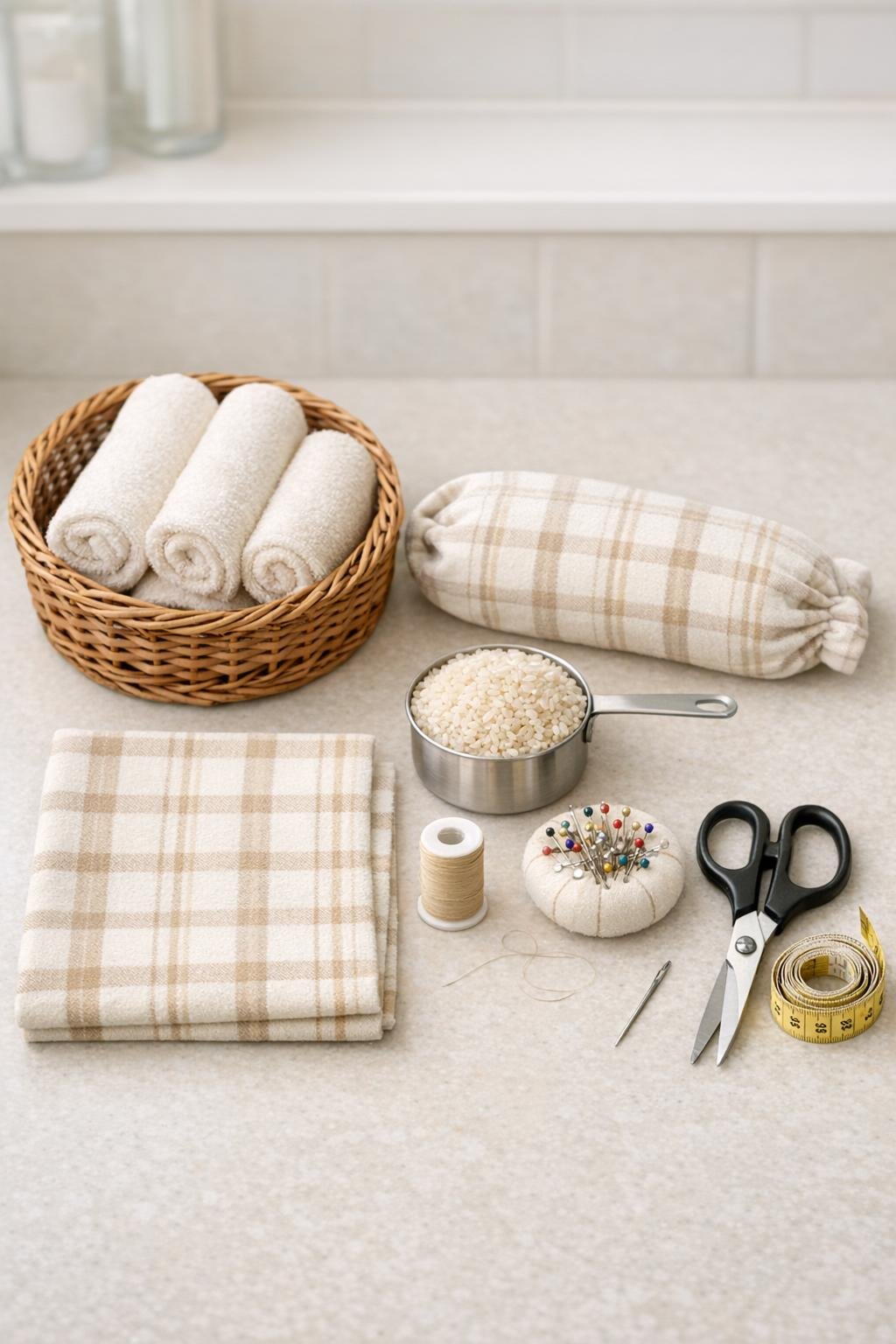 Materials for a wicker towel warmer basket laid out together