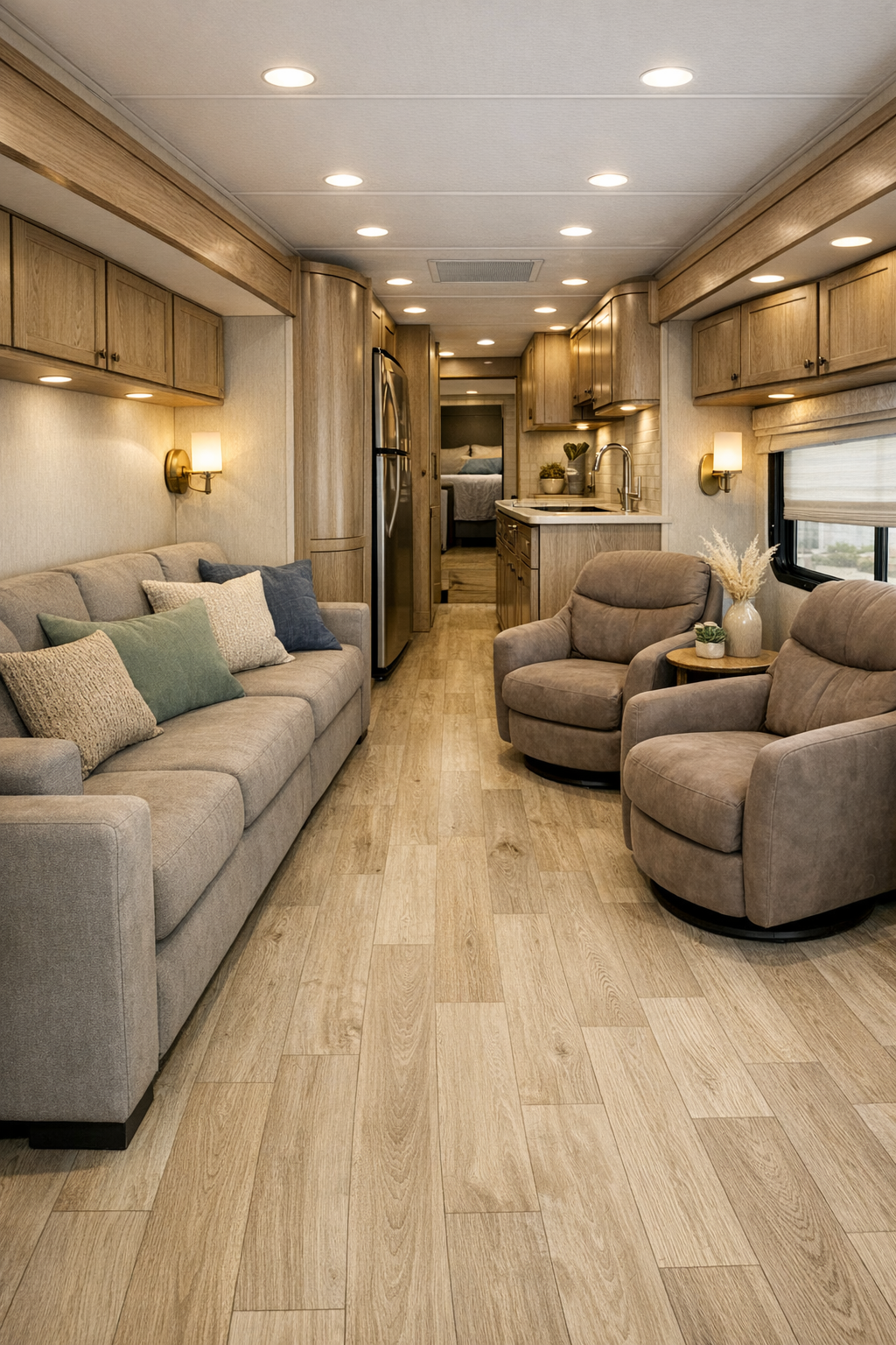 Accessible RV camper living room with soft greige seating and pale oak flooring