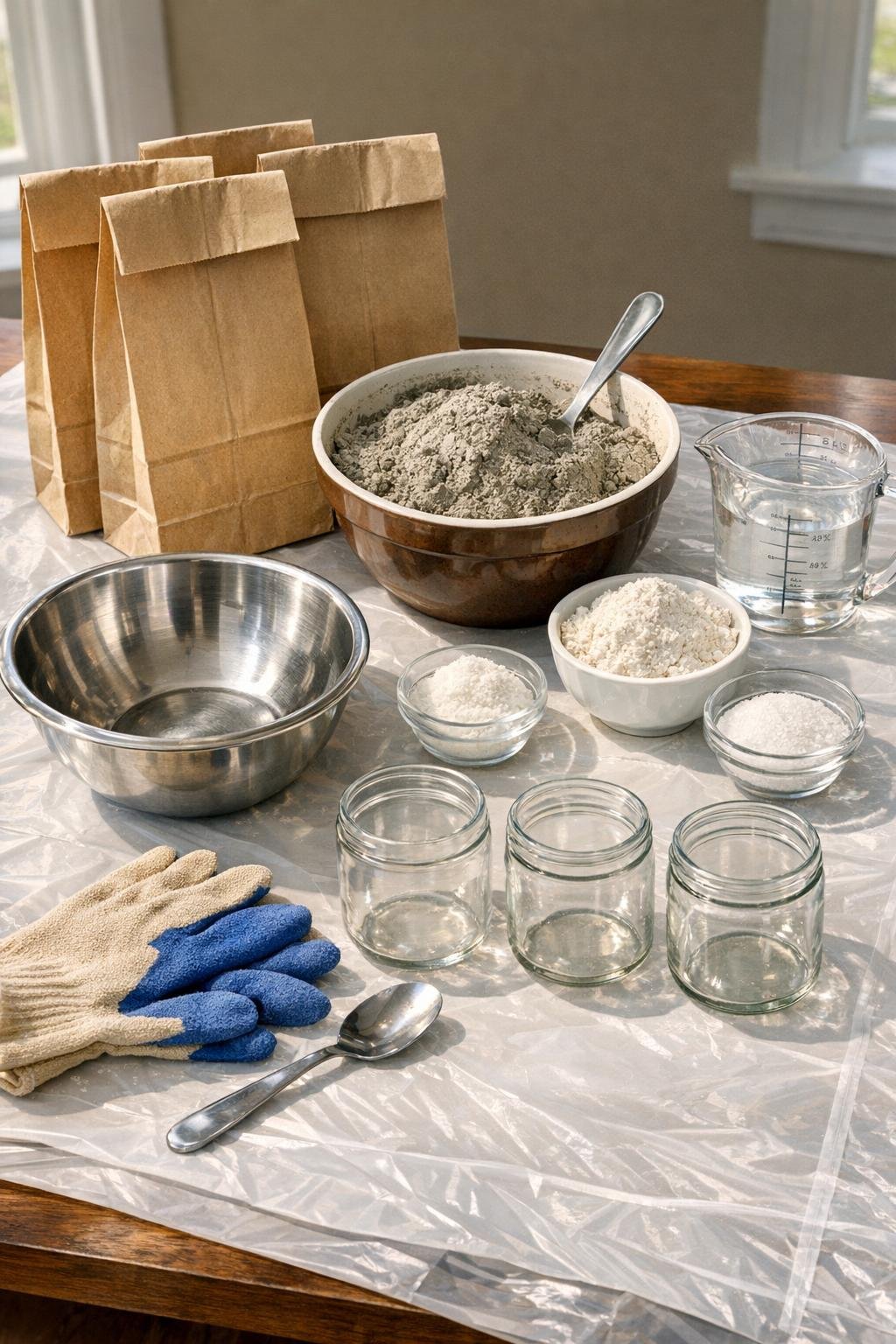 Materials for rustic cement paper bag lanterns laid out on a table