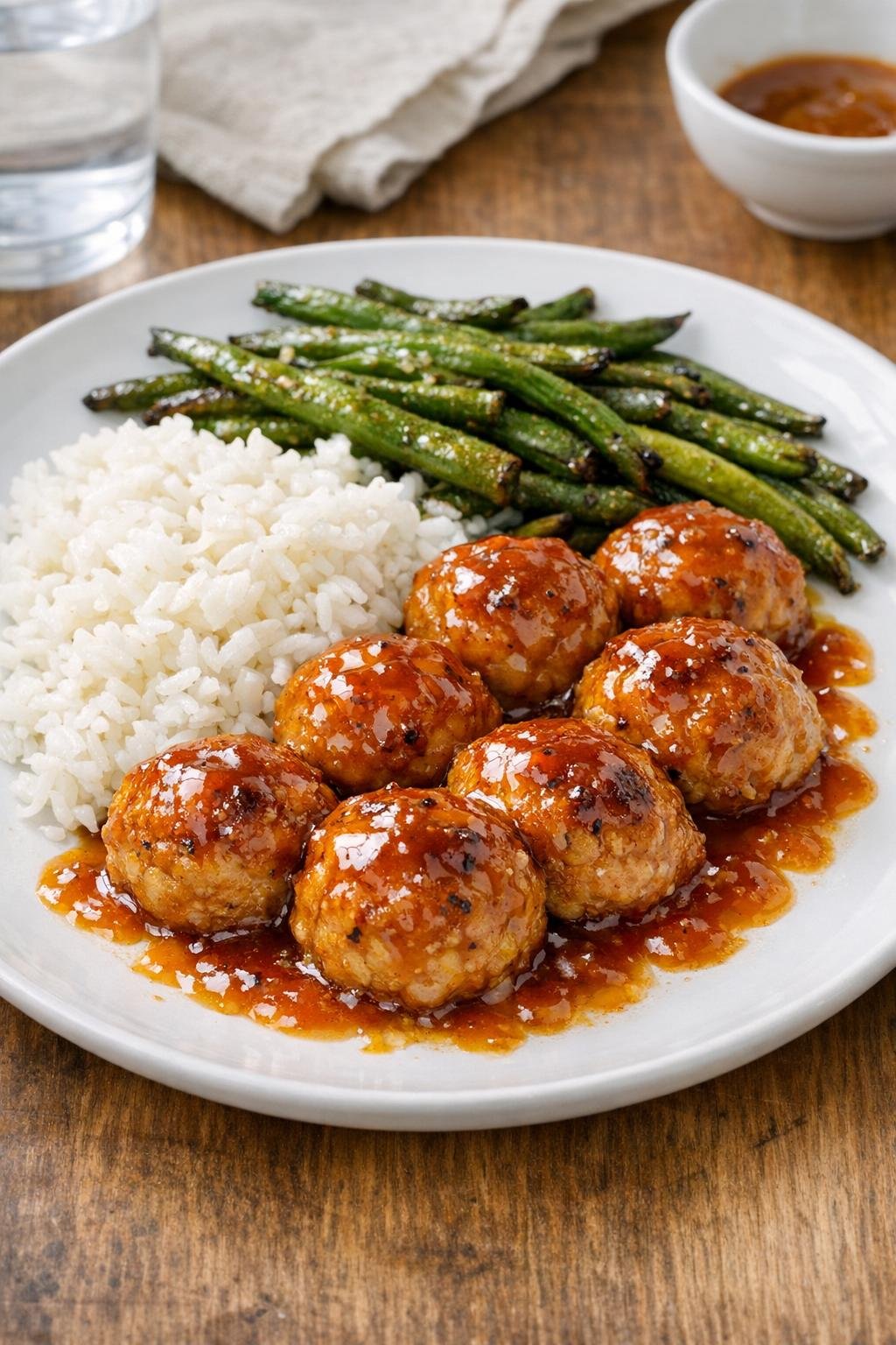 Finished glazed chicken meatballs plated with rice and vegetables