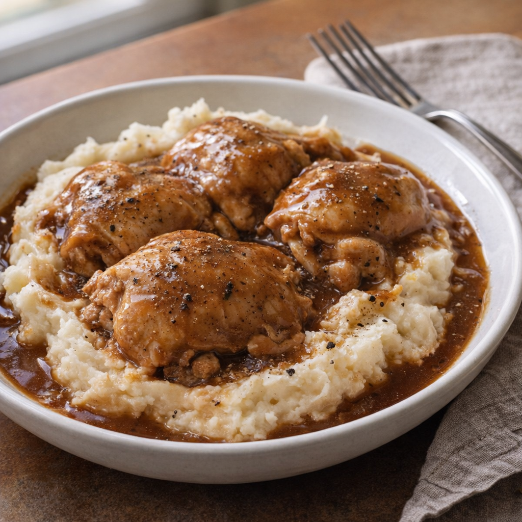 Slow cooker smothered chicken thighs served over mashed potatoes