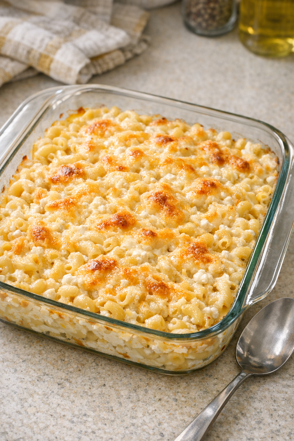 Finished baked cottage cheese macaroni in a casserole dish