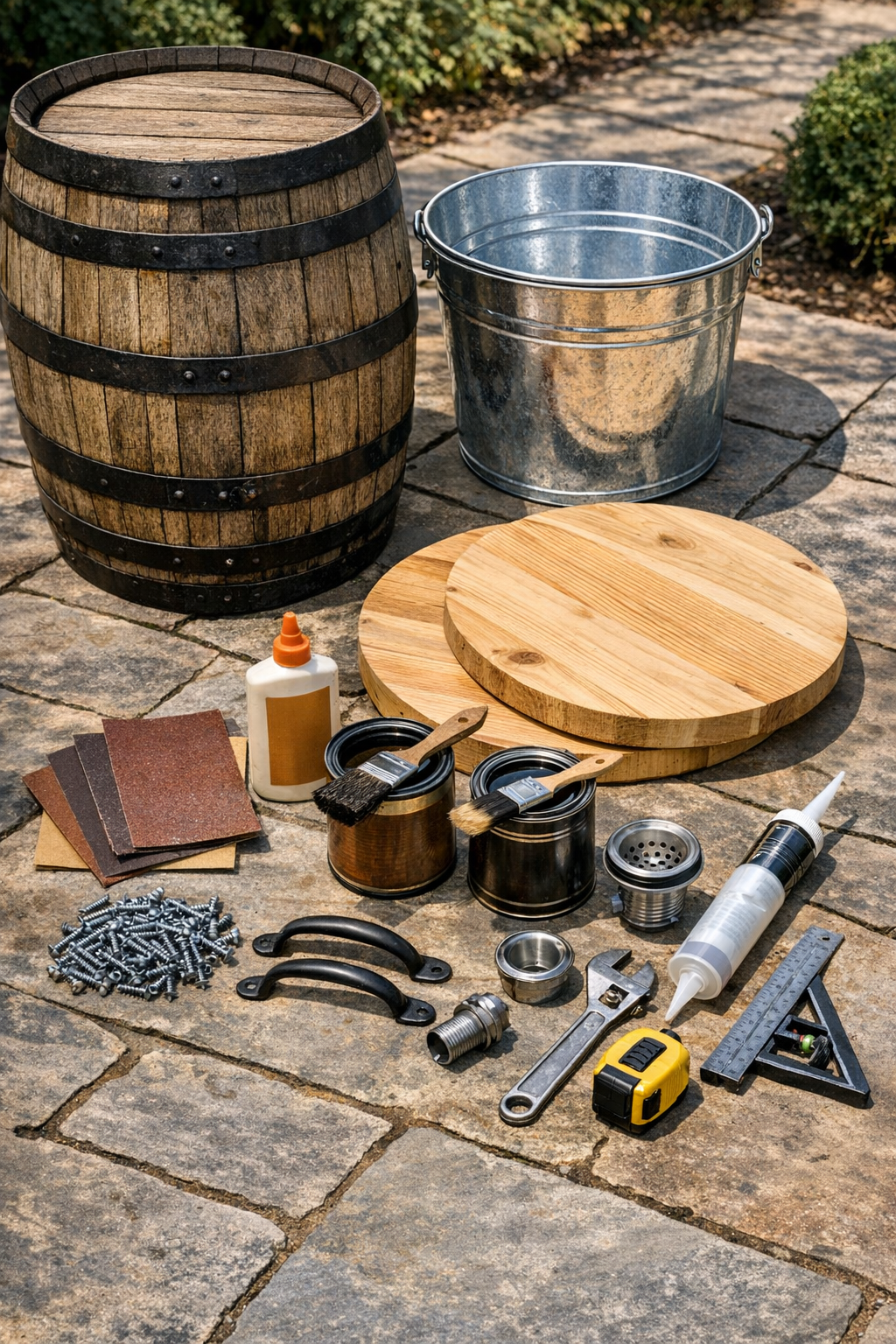 Materials for building a wine barrel ice bucket table